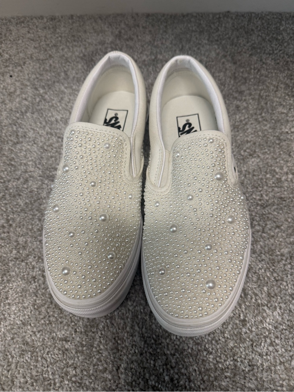 Pearl-Embellished White Slip-On Vans - Women's